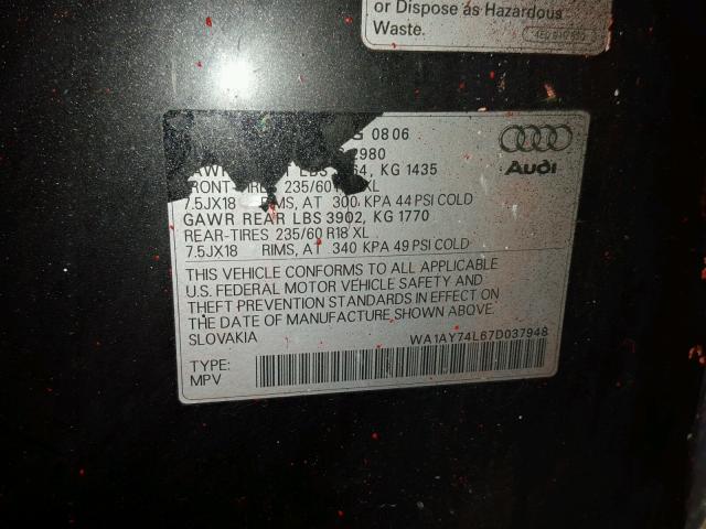 WA1AY74L67D037948 - 2007 AUDI Q7 3.6 QUA CHARCOAL photo 10