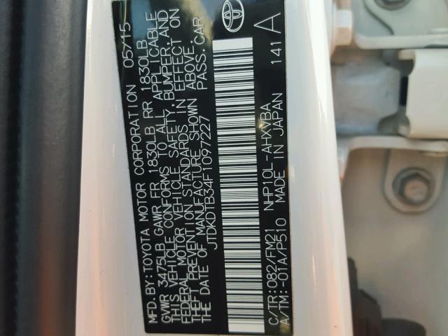 JTDKDTB34F1097227 - 2015 TOYOTA PRIUS C WHITE photo 10