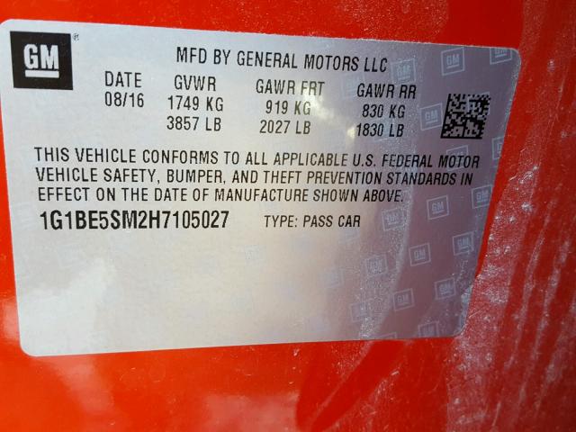 1G1BE5SM2H7105027 - 2017 CHEVROLET CRUZE LT RED photo 10