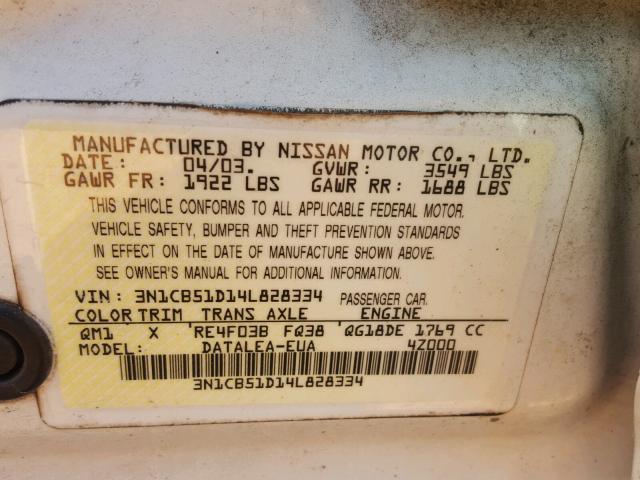 3N1CB51D14L828334 - 2004 NISSAN SENTRA 1.8 WHITE photo 10