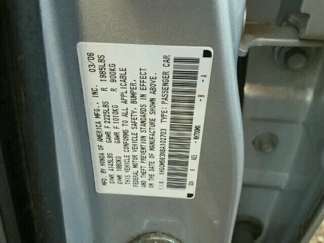 1HGCM563X6A102703 - 2006 HONDA ACCORD SE SILVER photo 10