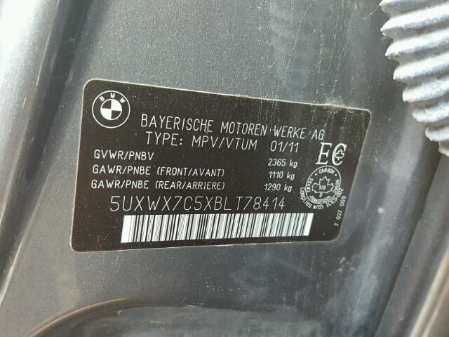 5UXWX7C5XBLT78414 - 2011 BMW X3 XDRIVE3 GRAY photo 10