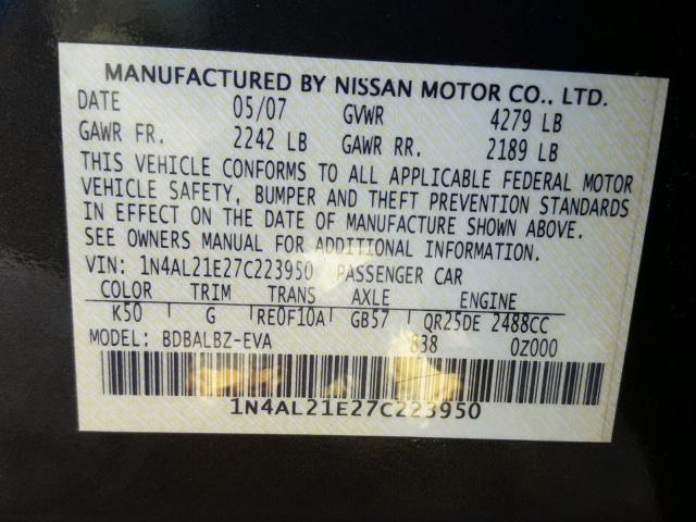 1N4AL21E27C223950 - 2007 NISSAN ALTIMA 2.5 GRAY photo 10