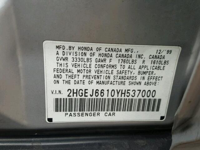 2HGEJ6610YH537000 - 2000 HONDA CIVIC BASE Gümüş foto 10