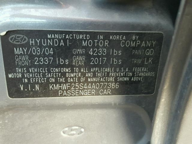 KMHWF25S44A077366 - 2004 HYUNDAI SONATA GL SILVER photo 10