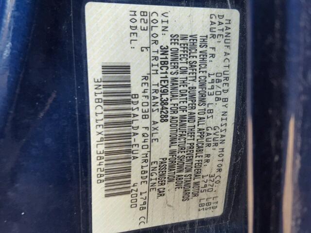 3N1BC11EX9L384288 - 2009 NISSAN VERSA S BLUE photo 10