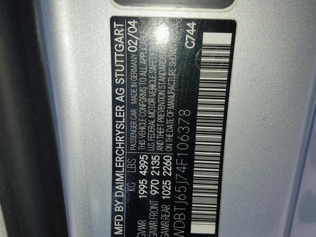 WDBTJ65J74F106378 - 2004 MERCEDES-BENZ CLK 320C SILVER photo 10