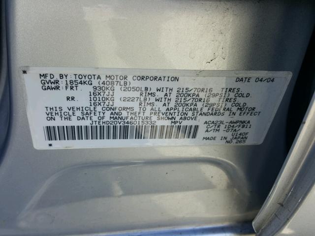 JTEHD20V346015332 - 2004 TOYOTA RAV4 SILVER photo 10