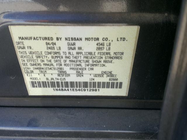 1N4BA41E54C912981 - 2004 NISSAN MAXIMA SE GRAY photo 10