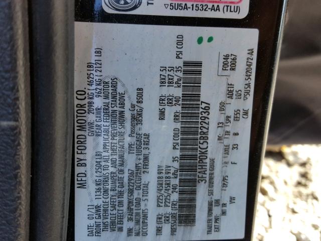 3FAHP0KC5BR229367 - 2011 FORD FUSION SPO BLACK photo 10