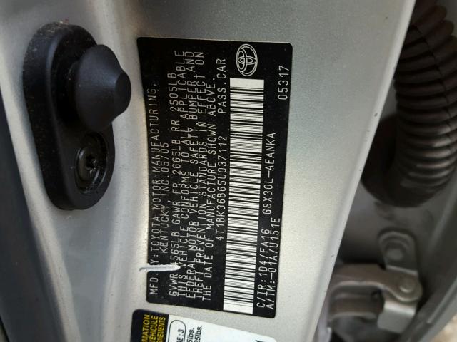 4T1BK36B65U037112 - 2005 TOYOTA AVALON XL SILVER photo 10