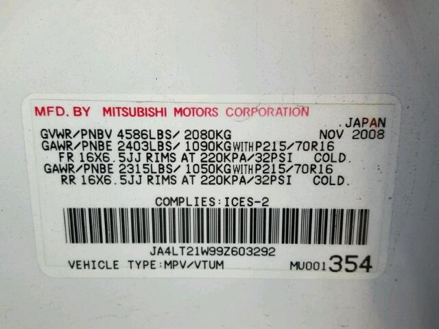 JA4LT21W99Z603292 - 2009 MITSUBISHI OUTLANDER WHITE photo 10