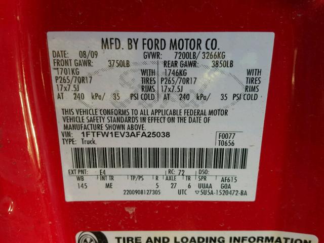 1FTFW1EV3AFA25038 - 2010 FORD F150 SUPER RED photo 10