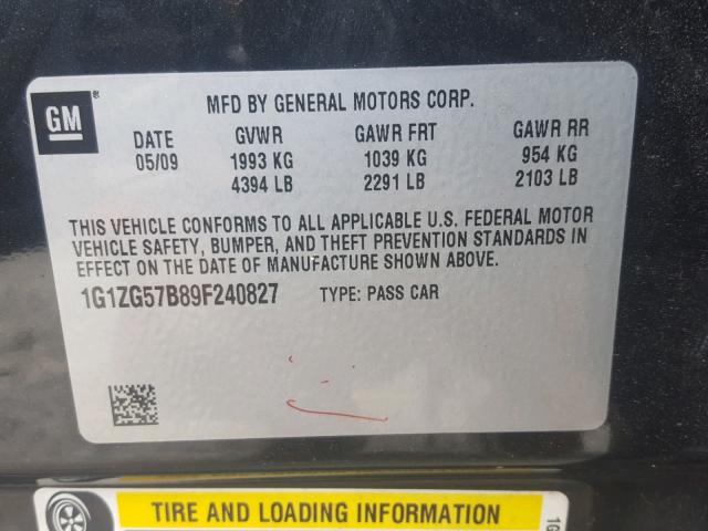 1G1ZG57B89F240827 - 2009 CHEVROLET MALIBU LS Qara foto 10