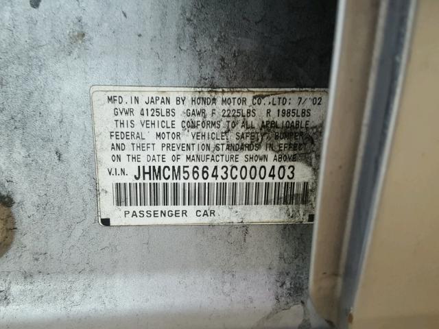 JHMCM56643C000403 - 2003 HONDA ACCORD EX GRAY photo 10