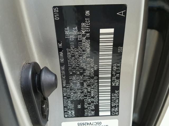 5TDZA22C65S281619 - 2005 TOYOTA SIENNA XLE SILVER photo 10