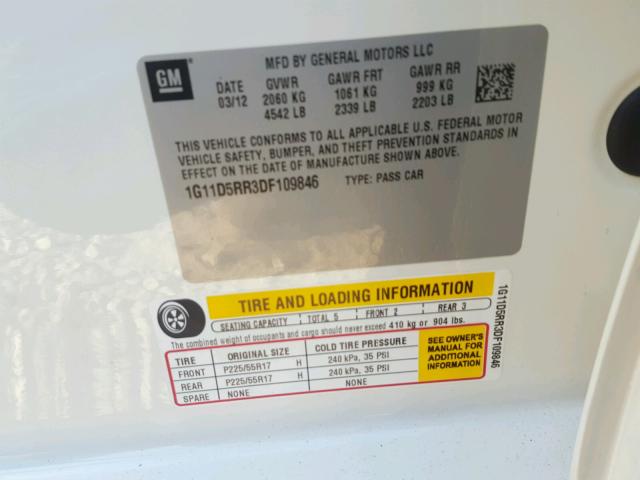 1G11D5RR3DF109846 - 2013 CHEVROLET MALIBU 1LT 白色 照片 10