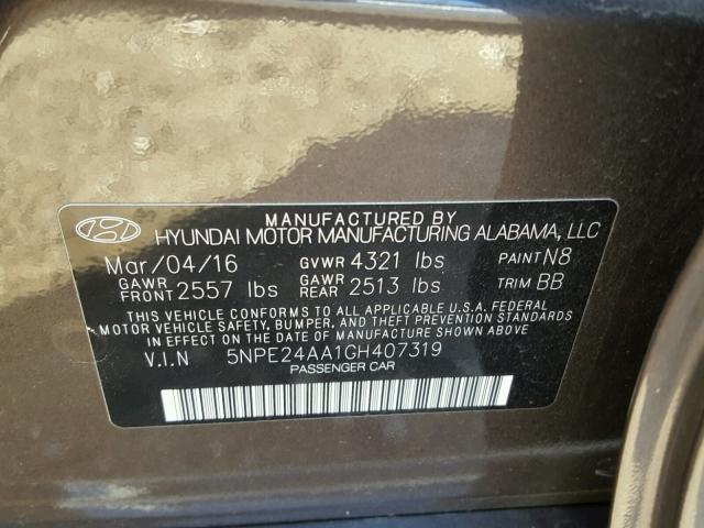 5NPE24AA1GH407319 - 2016 HYUNDAI SONATA ECO BROWN photo 10