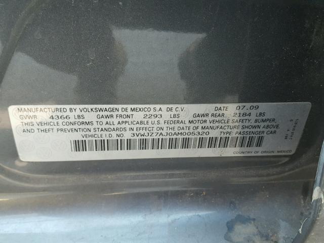 3VWJZ7AJ0AM005320 - 2010 VOLKSWAGEN JETTA S GRAY photo 10