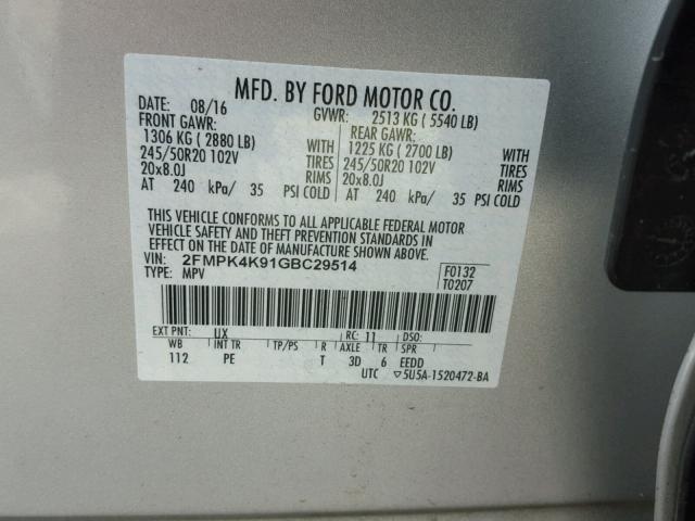 2FMPK4K91GBC29514 - 2016 FORD EDGE TITAN SILVER photo 10