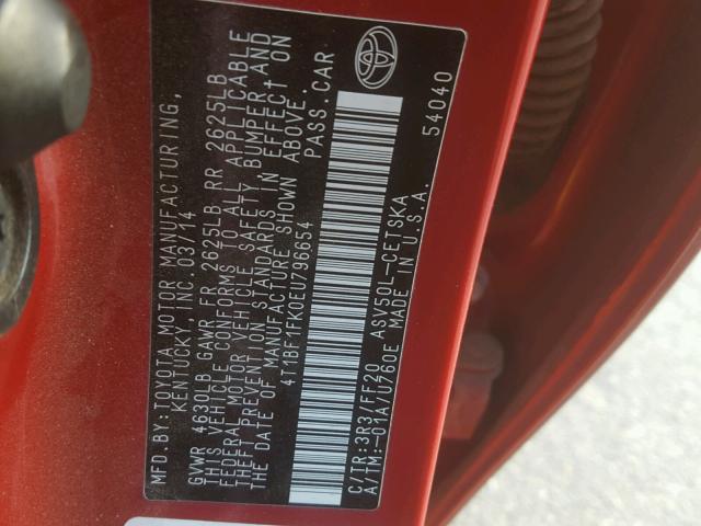 4T1BF1FK0EU796654 - 2014 TOYOTA CAMRY L RED photo 10