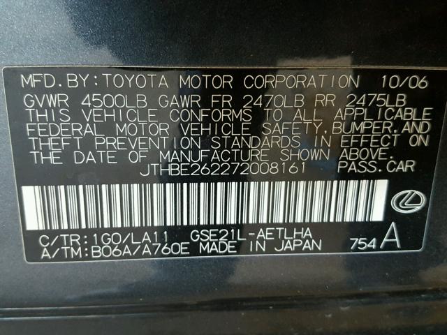 JTHBE262272008161 - 2007 LEXUS IS 350 BLACK photo 10