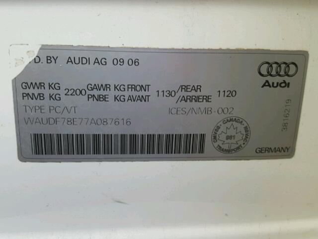 WAUDF78E77A087616 - 2007 AUDI A4 2.0T QU WHITE photo 10