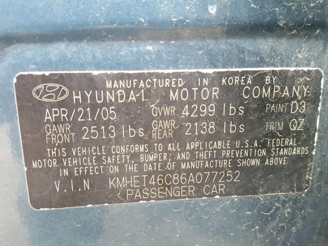 KMHET46C86A077252 - 2006 HYUNDAI SONATA GL BLUE photo 10