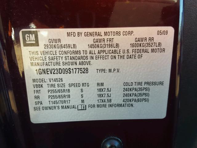 1GNEV23D09S177528 - 2009 CHEVROLET TRAVERSE L MAROON photo 10