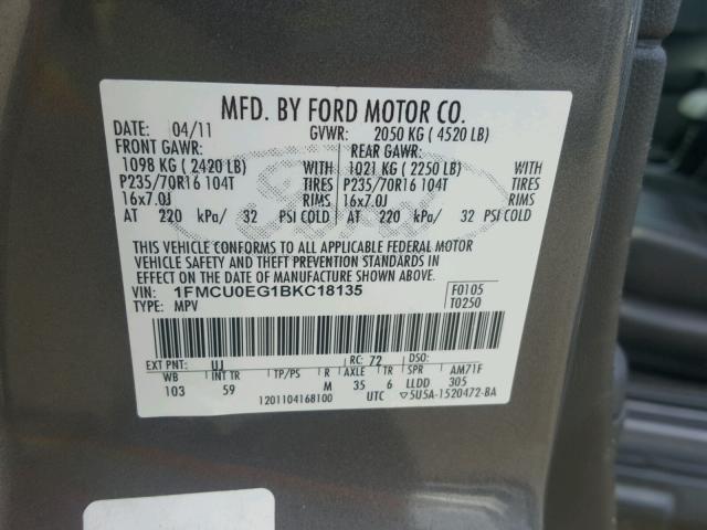 1FMCU0EG1BKC18135 - 2011 FORD ESCAPE LIM GRAY photo 10