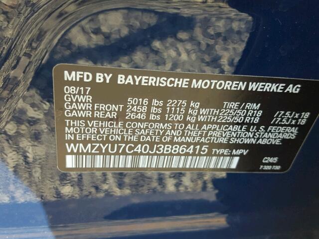 WMZYU7C40J3B86415 - 2018 MINI COOPER SE BLUE photo 10