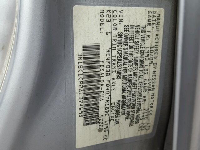 3N1BC1CP2AL374695 - 2010 NISSAN VERSA S SILVER photo 10