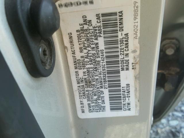 2T1BR32E93C142446 - 2003 TOYOTA COROLLA CE SILVER photo 10