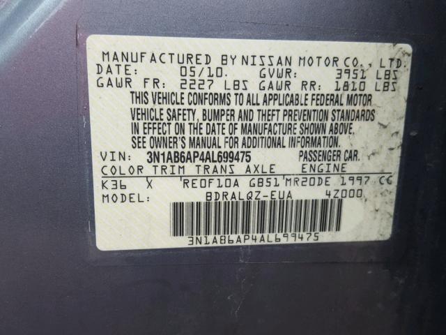 3N1AB6AP4AL699475 - 2010 NISSAN SENTRA 2.0 GRAY photo 10