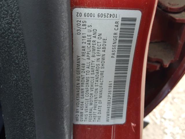 WVWRH63BX2P361861 - 2002 VOLKSWAGEN PASSAT GLX RED photo 10