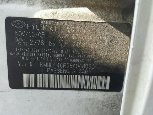 KMHFC46F96A048860 - 2006 HYUNDAI AZERA SE WHITE photo 10