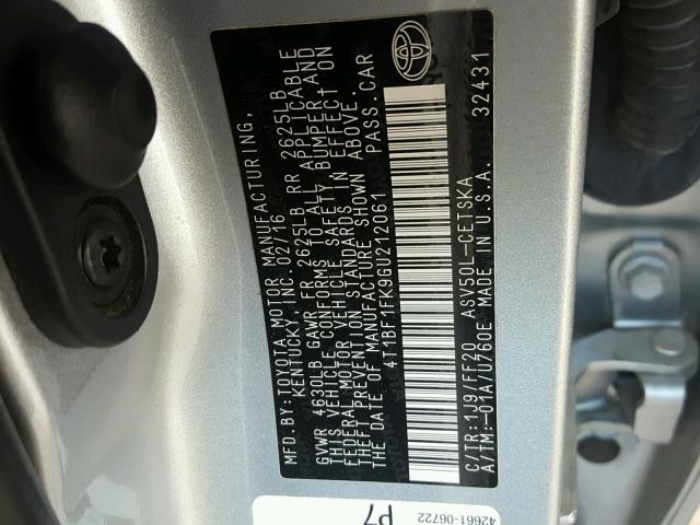 4T1BF1FK9GU212061 - 2016 TOYOTA CAMRY LE SILVER photo 10