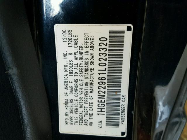 1HGEM22961L023320 - 2001 HONDA CIVIC SI BLACK photo 10