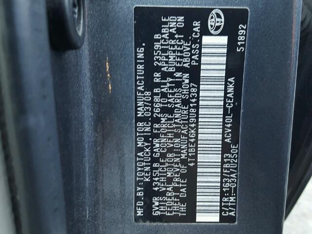 4T1BE46K49U814387 - 2009 TOYOTA CAMRY BASE GRAY photo 10