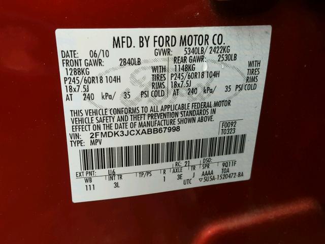 2FMDK3JCXABB67998 - 2010 FORD EDGE SEL RED photo 10