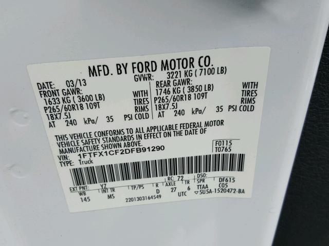 1FTFX1CF2DFB91290 - 2013 FORD F150 SUPER WHITE photo 10