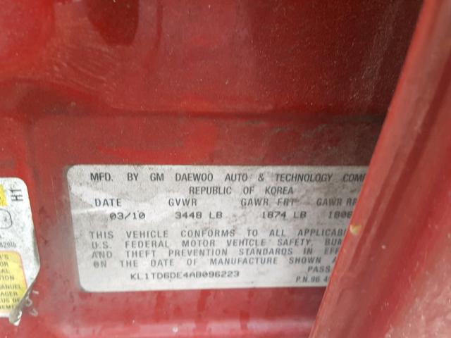 KL1TD6DE4AB096223 - 2010 CHEVROLET AVEO LS RED photo 10