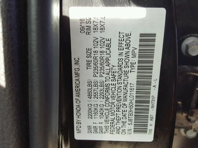 5J8TB3H50HL011617 - 2017 ACURA RDX TECHNO BLACK photo 10