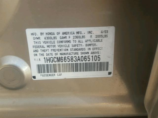 1HGCM66583A065105 - 2003 HONDA ACCORD EX GOLD photo 10