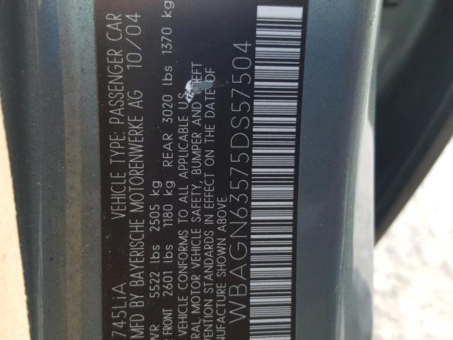 WBAGN63575DS57504 - 2005 BMW 745 LI TEAL photo 10