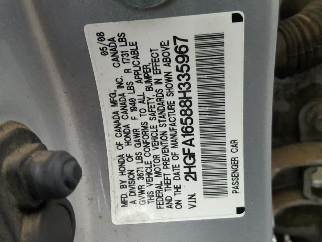 2HGFA16588H335967 - 2008 HONDA CIVIC LX SILVER photo 10