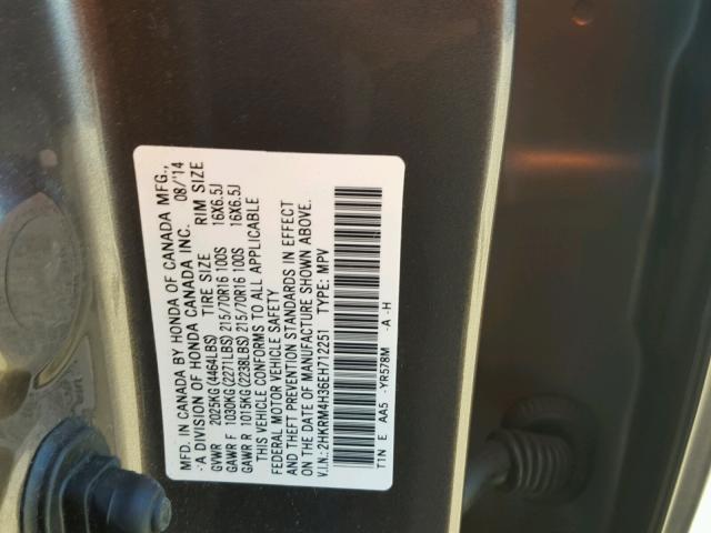 2HKRM4H36EH712251 - 2014 HONDA CR-V LX GRAY photo 10