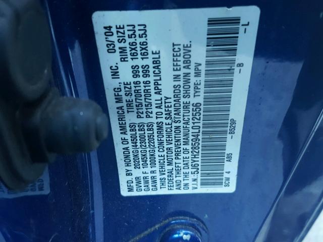 5J6YH28594L012556 - 2004 HONDA ELEMENT EX BLUE photo 10