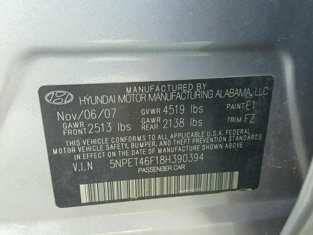 5NPET46F18H390394 - 2008 HYUNDAI SONATA GLS GRAY photo 10