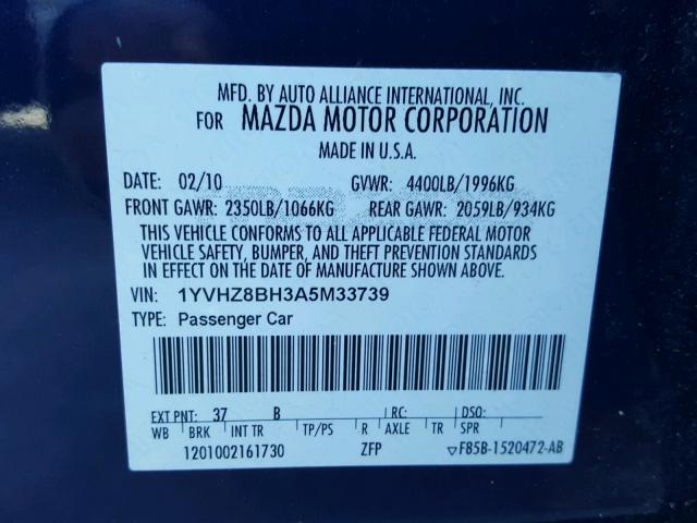 1YVHZ8BH3A5M33739 - 2010 MAZDA 6 I BLUE photo 10